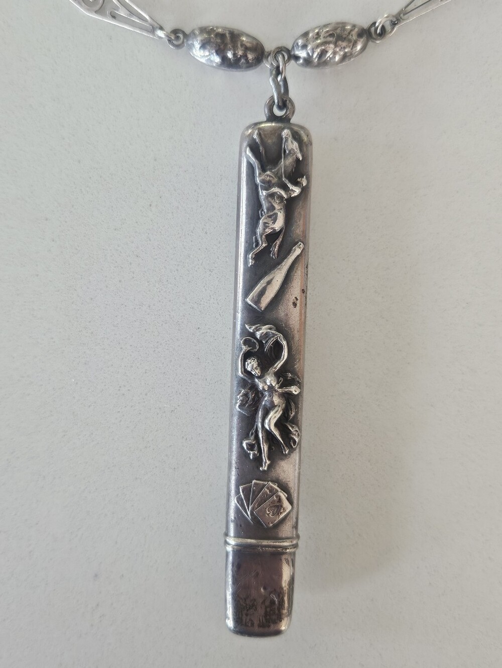 Antique Victorian Sterling Repousse Pencil Pendant Unique 24" Chain Necklace - Picture 3 of 12